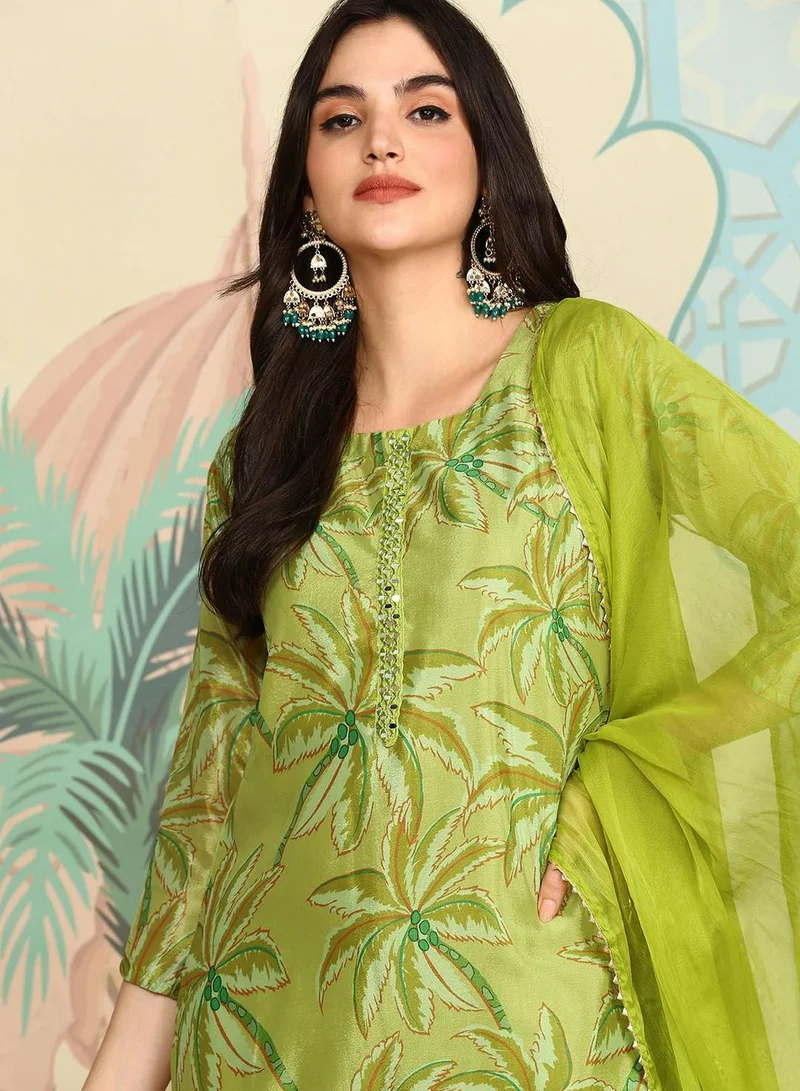 Ishin  Women's Lime Green Polyester Blend Embellished Tunic Full Length Casual Straight Fit Kurta Set for Women | Best Price UAE